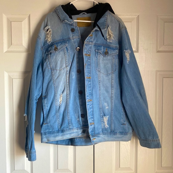 Rue21 Jackets & Coats Ripped Jean Jacket With Black Hood Attachment